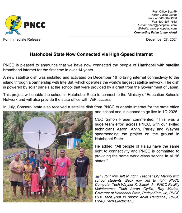 Hatohobei State Now Connected Via High Speed Internet